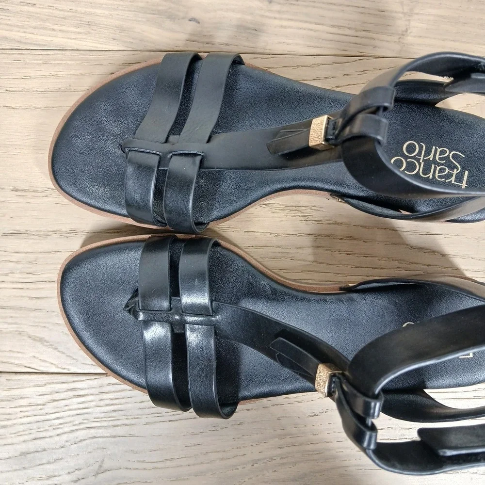 Franco Sarto Dosha Sandals Womens 7.5 Black T Strap Comfort Dress Casual